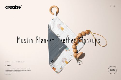 Mockup of a muslin blanket and wooden teether, showing soft fabric, wooden ring, and decorative beads on a pale background.
