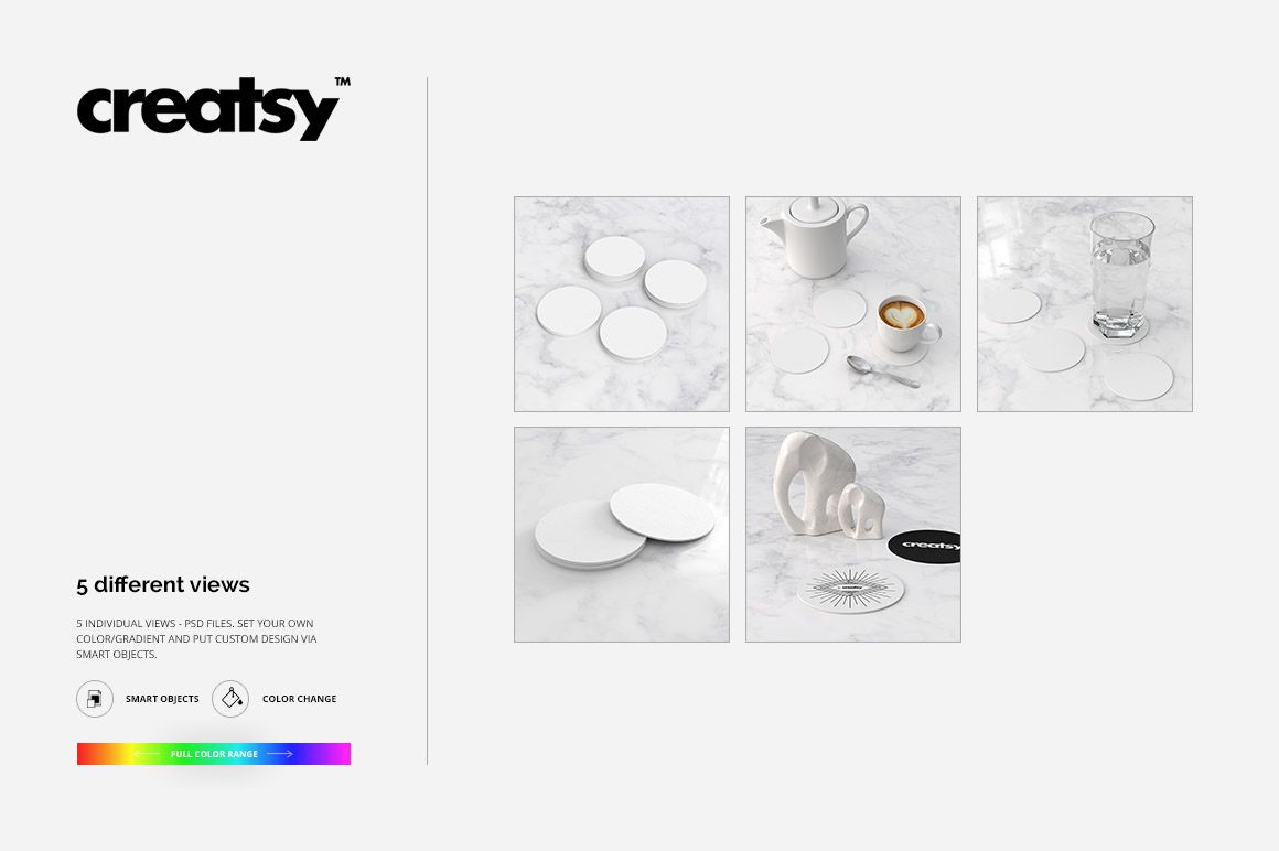 Set of round coasters mockup on a marble background, featuring various layouts and drinkware props for design presentation.