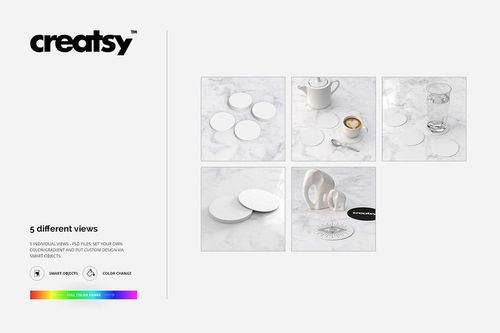 Set of round coasters mockup on a marble background, featuring various layouts and drinkware props for design presentation.