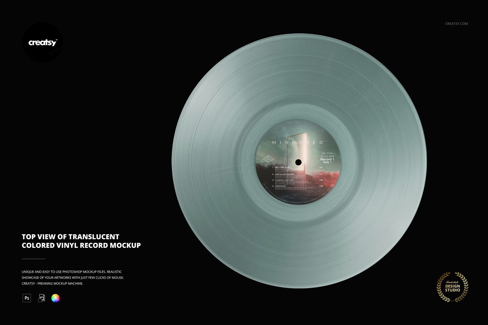 Top view of a translucent colored vinyl record with a central label, displayed on a dark background as a mockup.