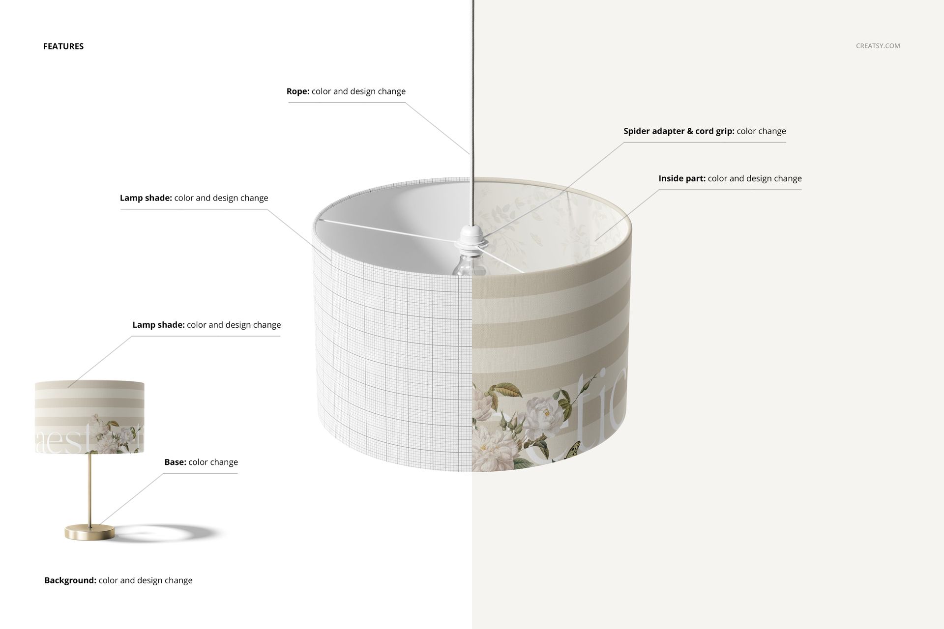 Lamp shade mockup with half showing a grid design and half displaying a floral pattern, viewed from a slight angle.