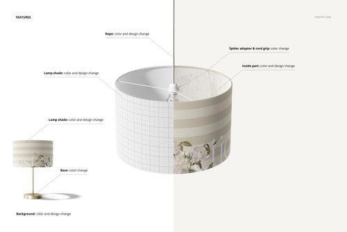 Lamp shade mockup with half showing a grid design and half displaying a floral pattern, viewed from a slight angle.