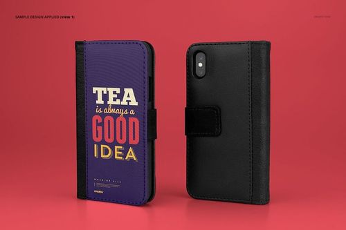 Foldable iPhone X case mockup with one case showing a colorful text design and another in plain black, on a red background.