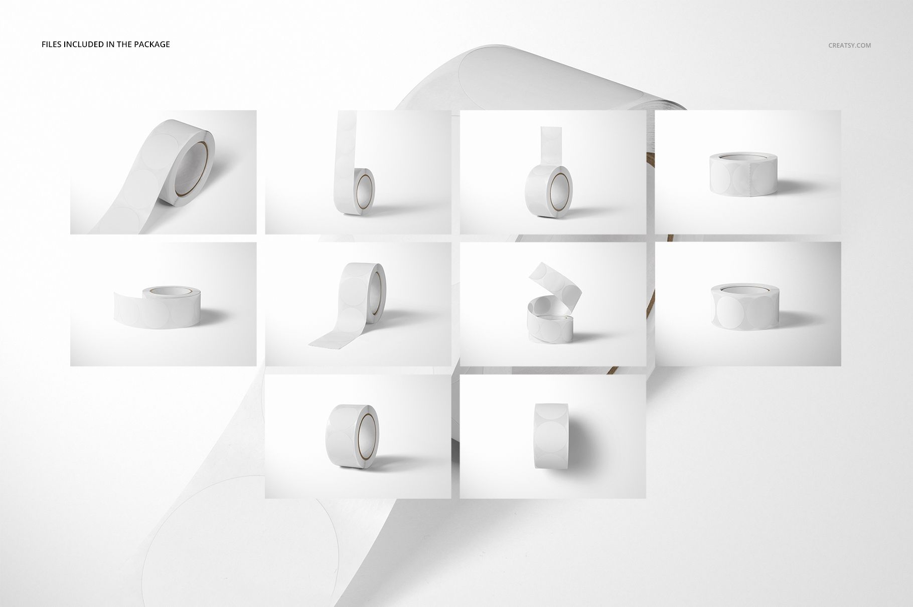 Round roll stickers mockup set featuring multiple white sticker rolls in various positions on a plain background.