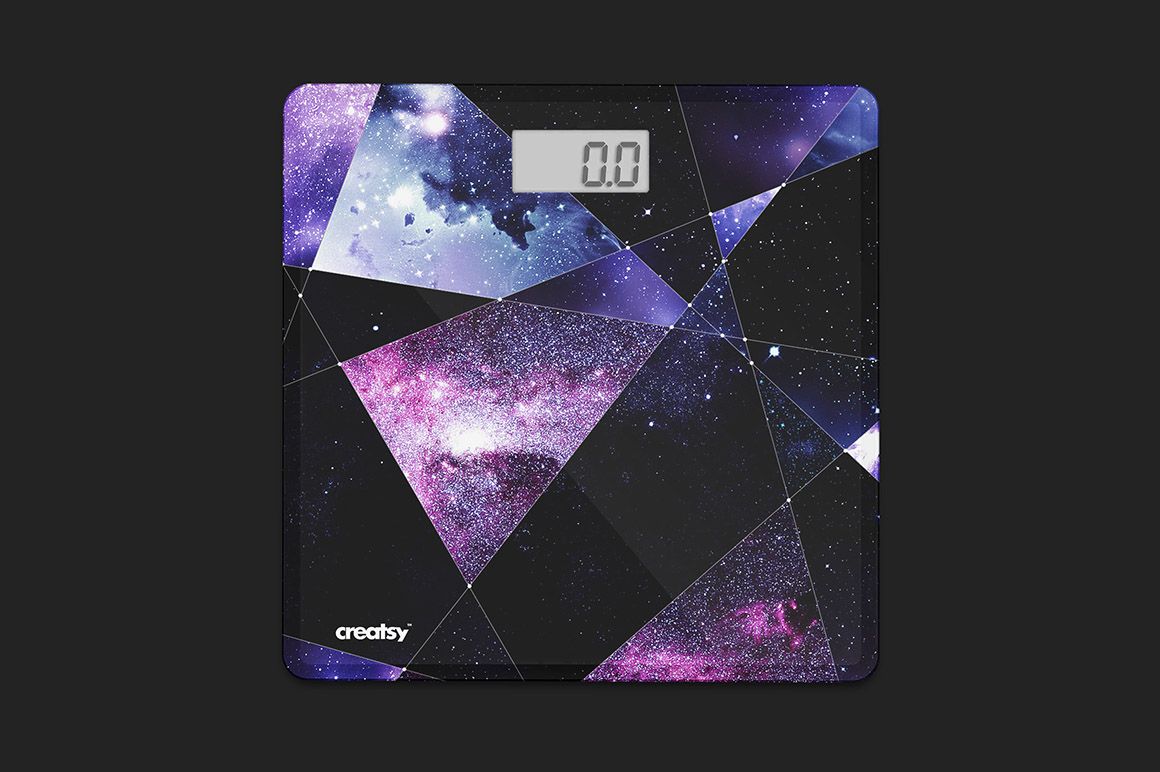 Square weight scale mockup featuring abstract geometric shapes and a cosmic galaxy design, viewed from above.