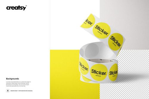 PSD mockup of round stickers on a roll, highlighted by a yellow and white pattern against a modern background.