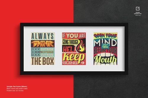 PSD mockup featuring a black flat frame with white matte, showcasing three retro-style art prints on a dual-tone background.