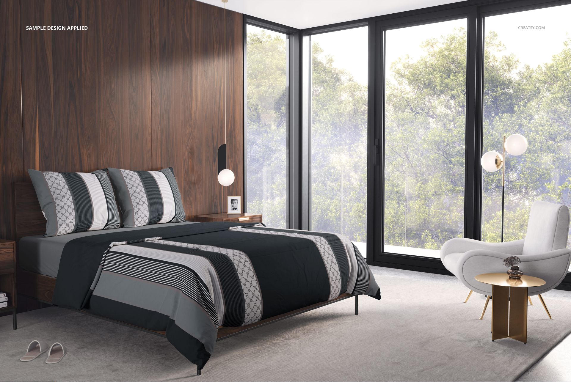PSD mockup of a comforter and bedding set displayed in a stylish bedroom with wood panel walls and natural light.