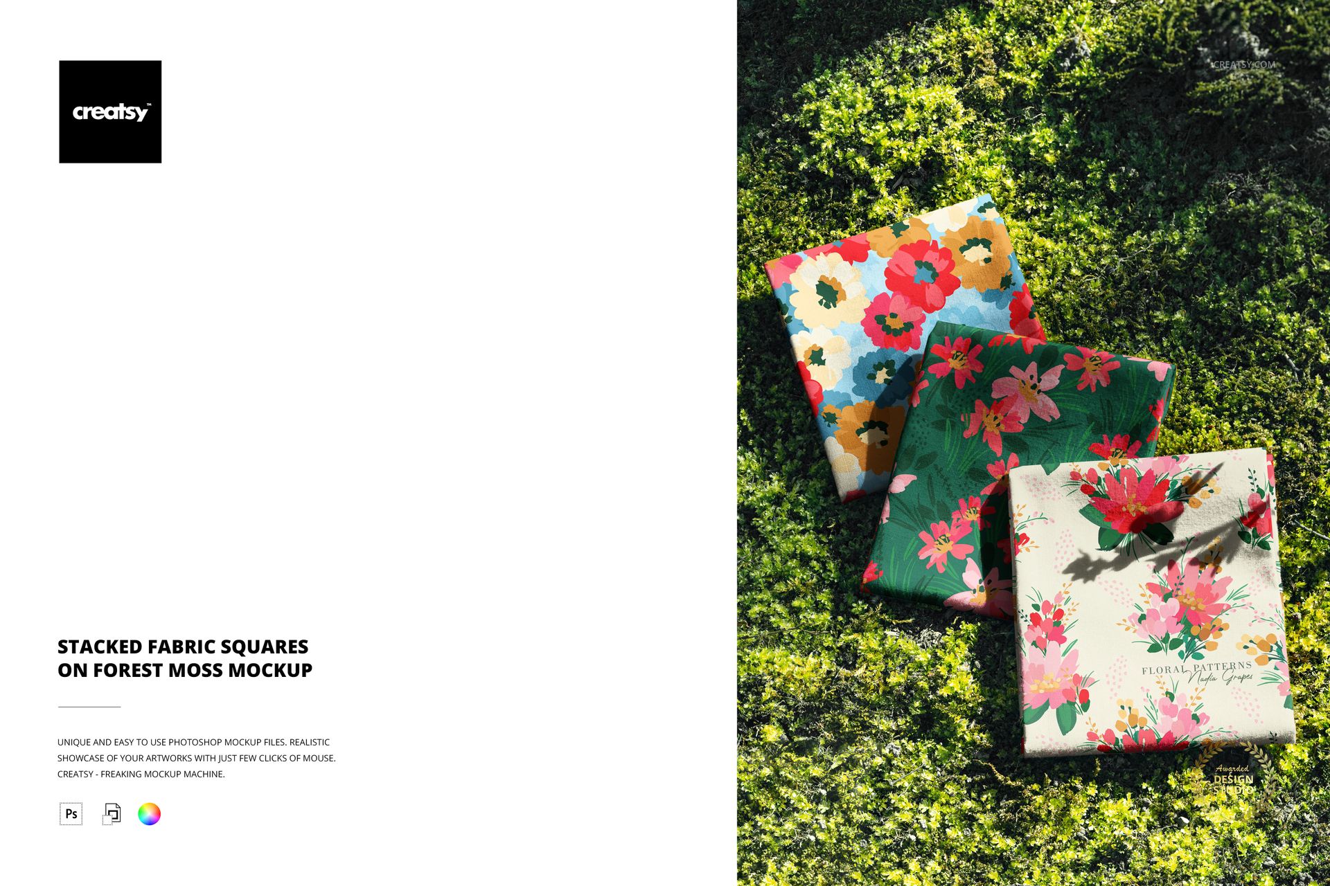 Stacked fabric squares with colorful floral patterns arranged on vibrant green forest moss, top view mockup.