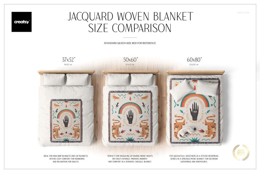 Jacquard Woven Blanket and Bedding Boho Scene & Size Comparison Mockup Set - mockup screenshot 1