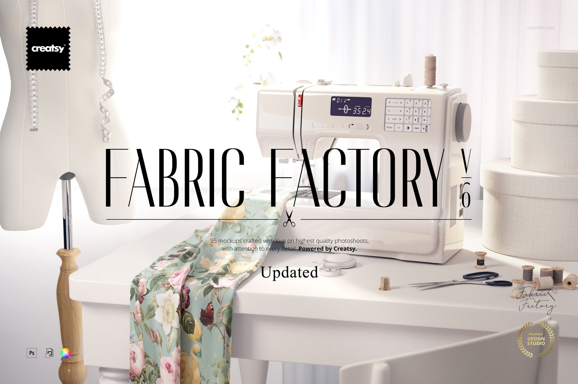Fabric Factory v.6 fabrics mockup bundle showing a sewing setup with pastel floral cloth and sewing tools on a white table.
