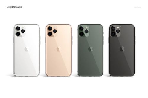 iPhone 11 Pro clear case PSD mockup featuring four phones in different colors, arranged in a row on a plain background.