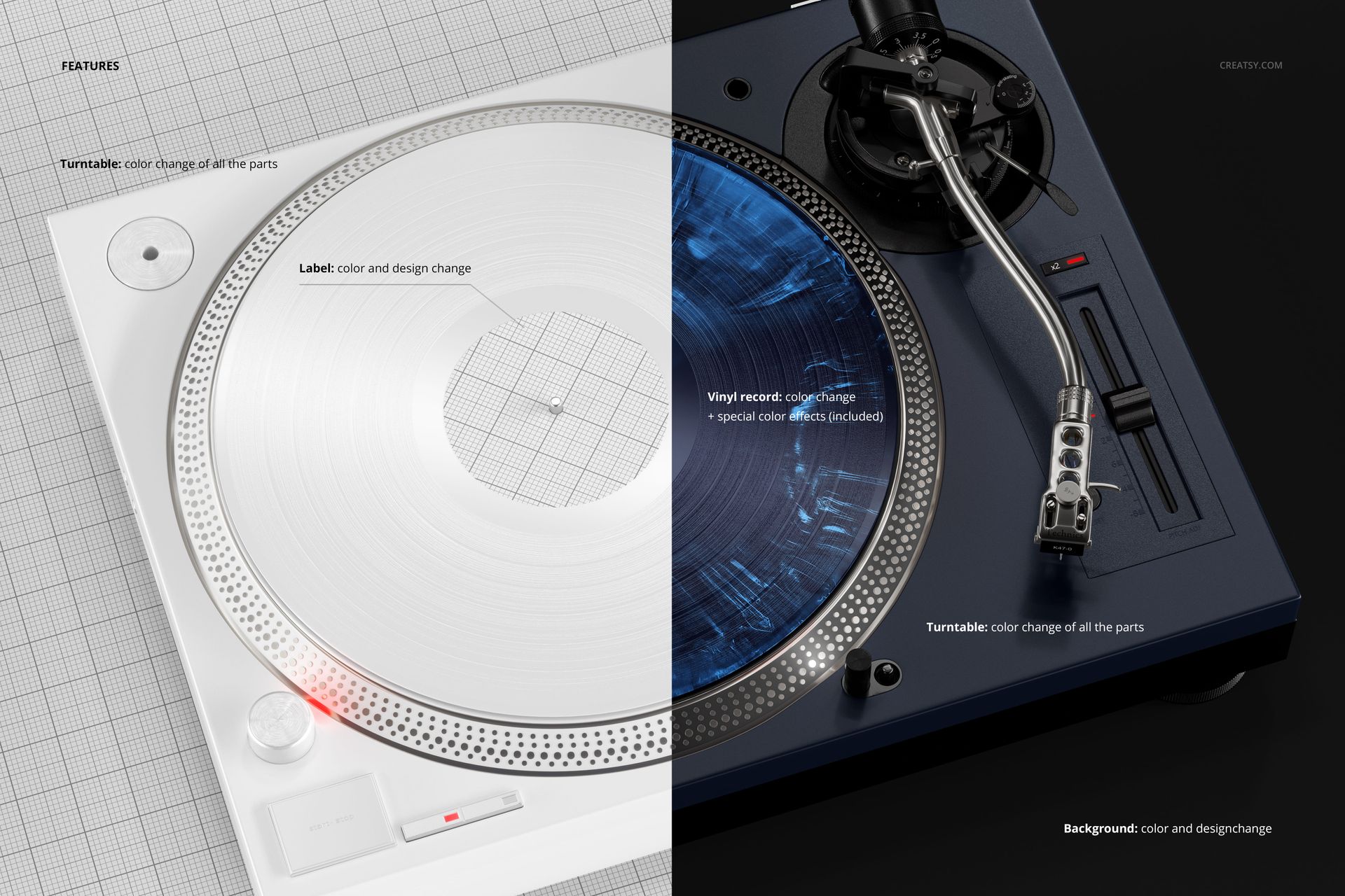 Top view of a vinyl record on a DJ turntable mockup, showing split design with white and blue turntable bases.