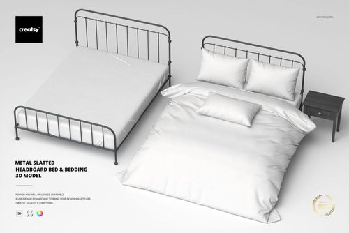 Metal Slatted Headboard Bed & Bedding 3D Model - mockup preview 1