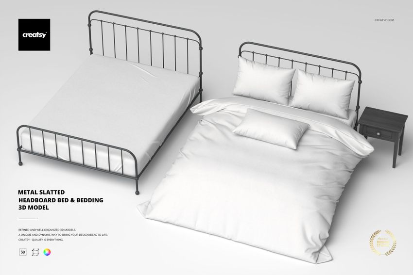 Metal Slatted Headboard Bed & Bedding 3D Model - mockup screenshot 1