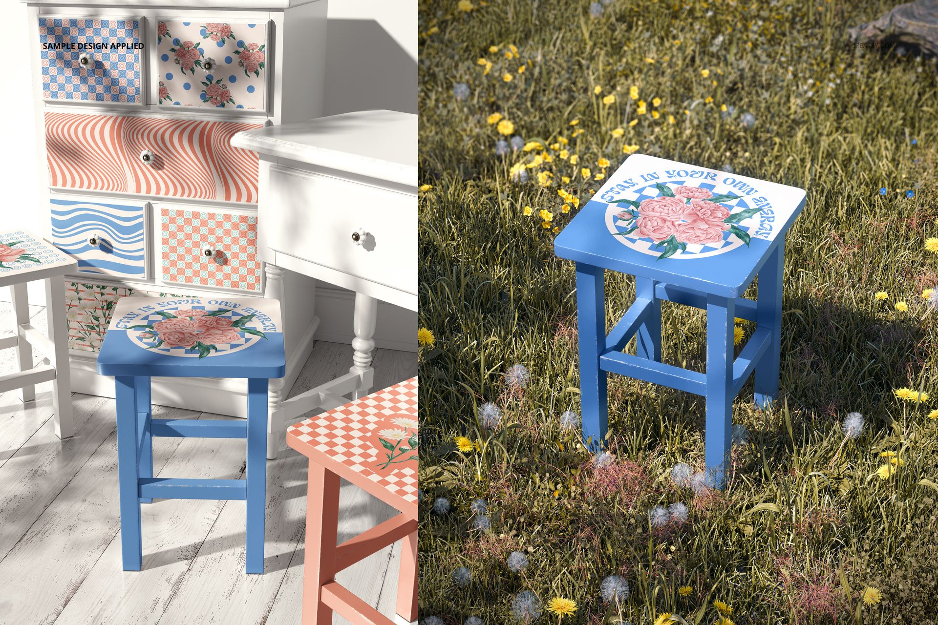 PSD mockup set displaying decoupage furniture, including stools and drawers with various vibrant patterns and colors.