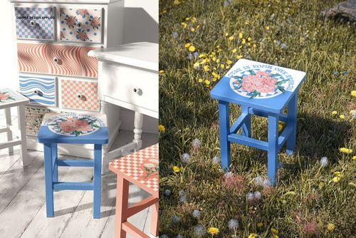 PSD mockup set displaying decoupage furniture, including stools and drawers with various vibrant patterns and colors.