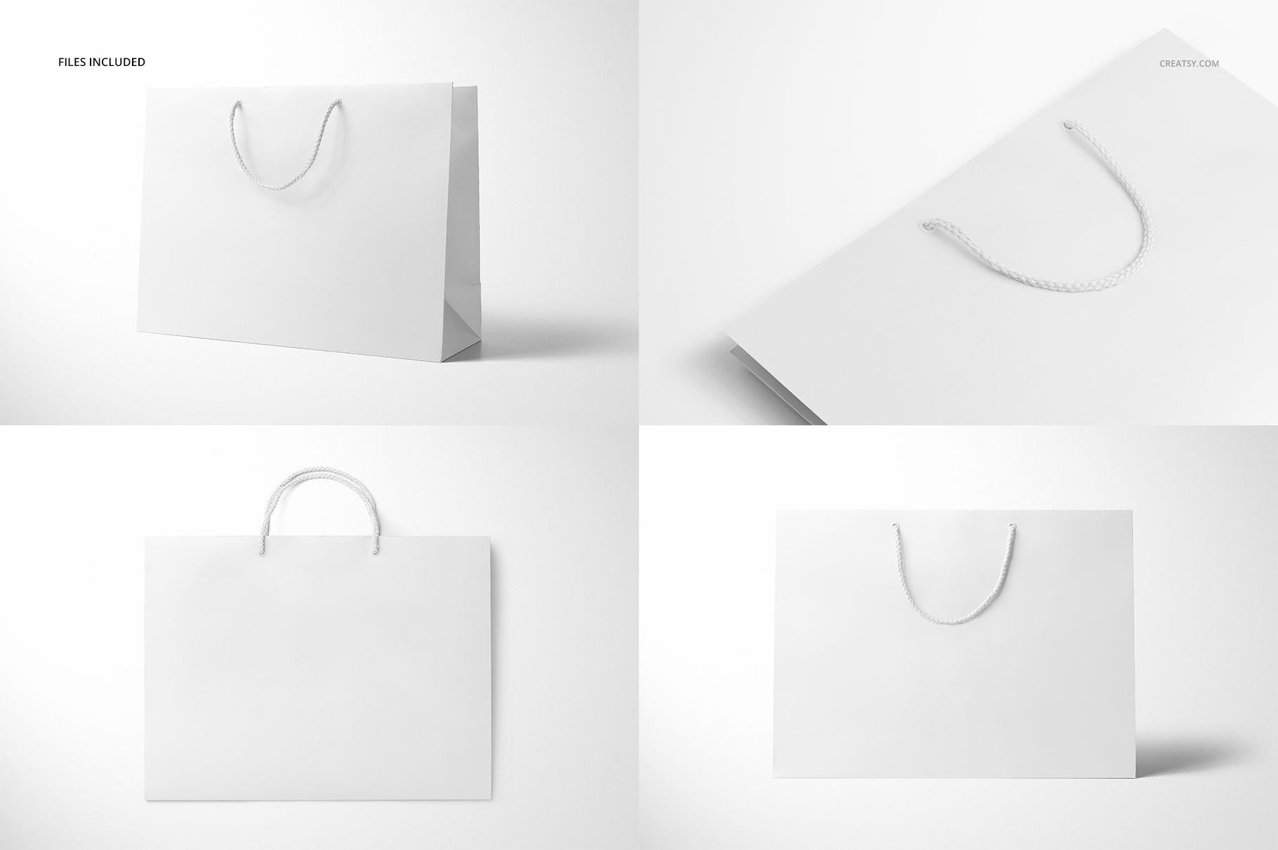Eurotote bag mockup set featuring four views of a plain white paper shopping bag with rope handles on a light background.