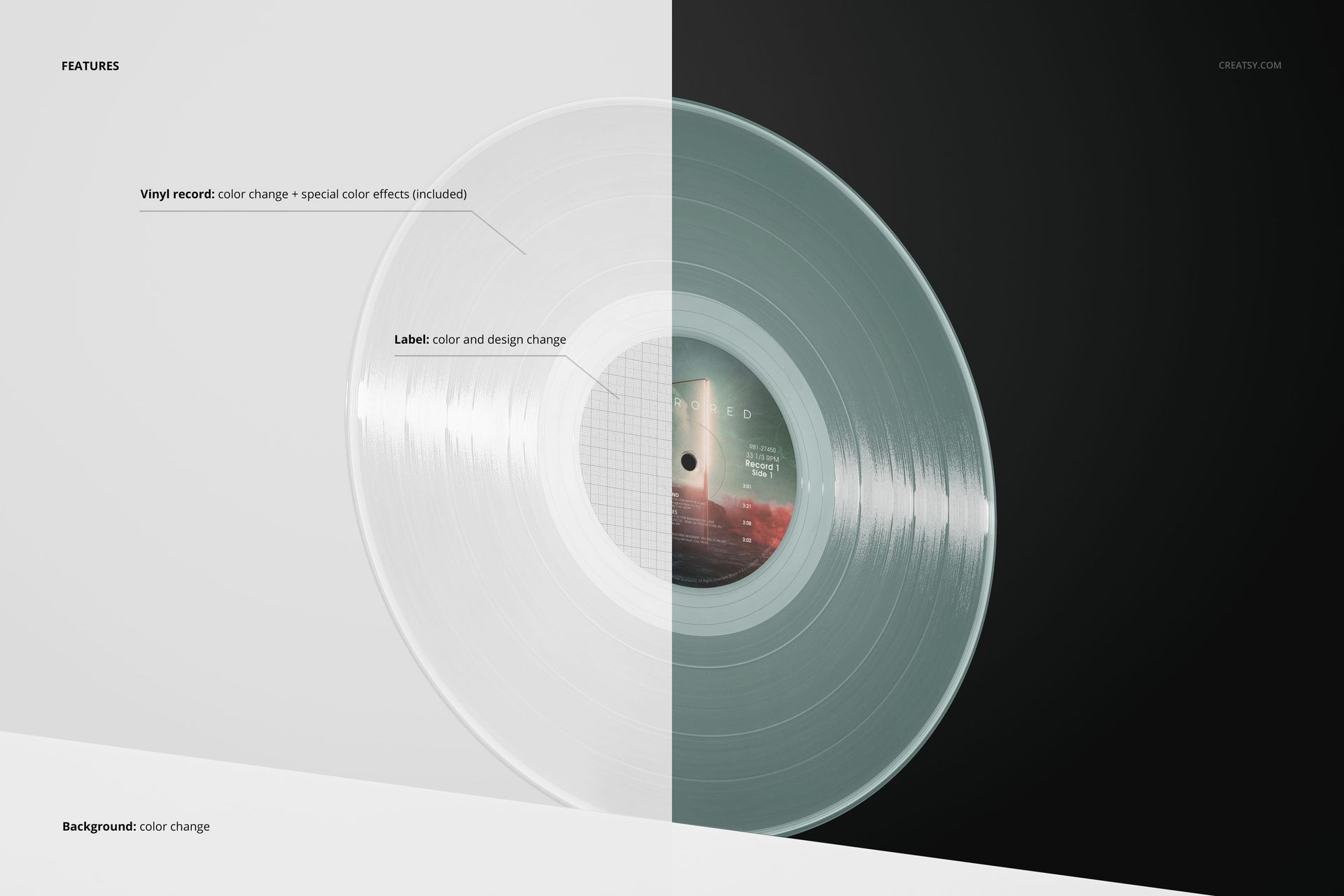 Translucent vinyl record mockup shown at an angle on a pedestal, featuring a customizable label and background.
