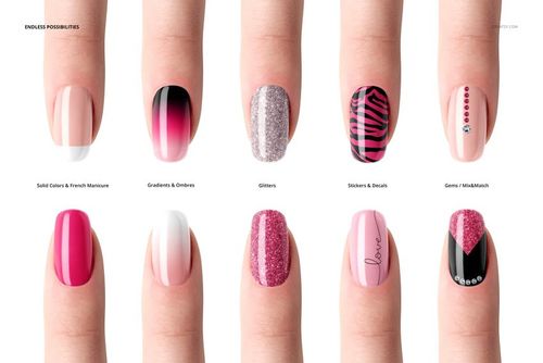 PSD mockup showing ten different nail shapes with assorted patterns, colors, and decorative elements on a white background.