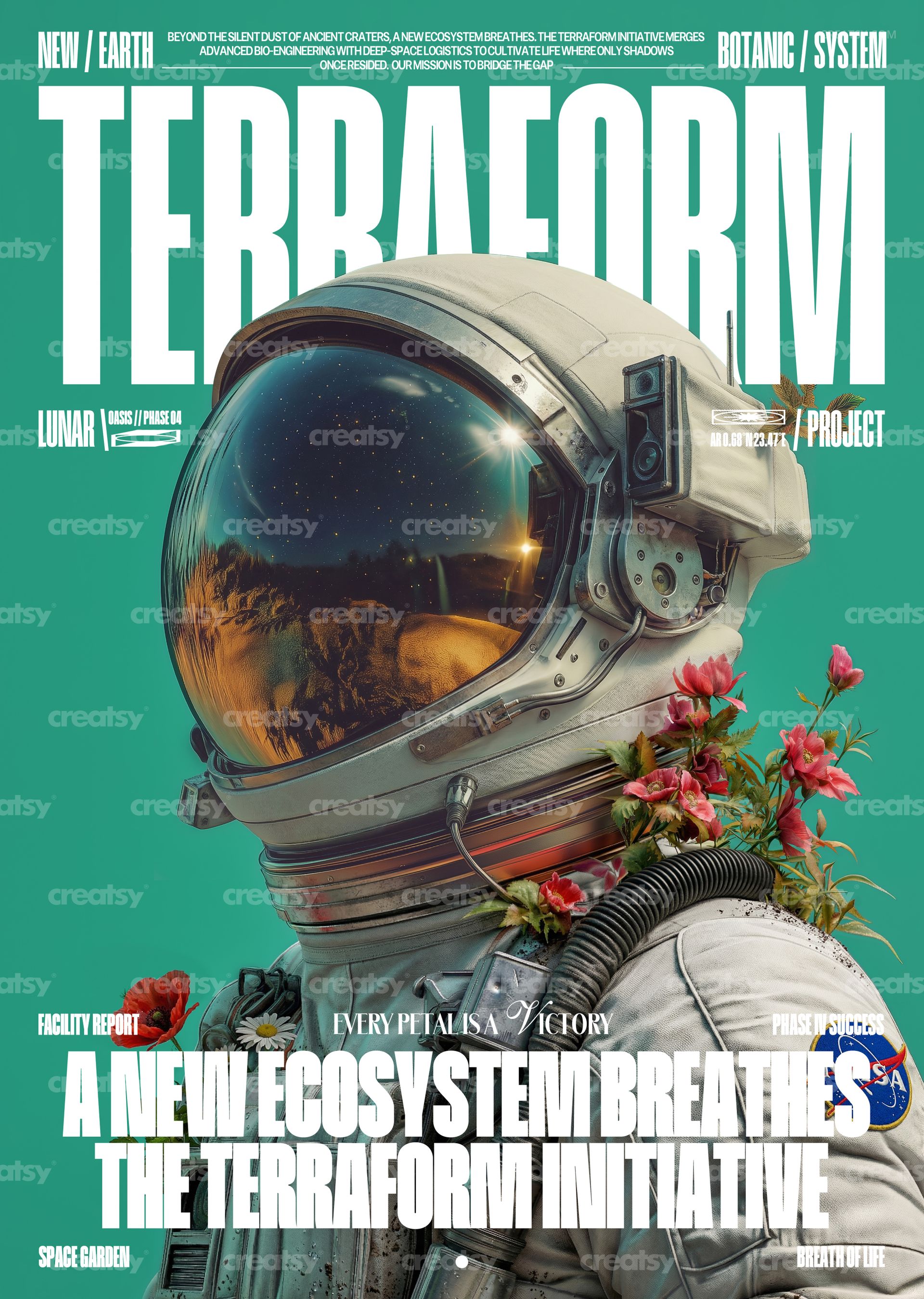 Poster mockup showing an astronaut in a spacesuit with blooming flowers, set on a turquoise background with white text.