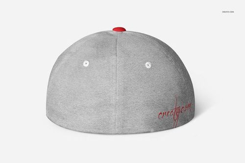 Gray fullcap mockup shown from the rear, featuring a red top button, white ventilation eyelets, and red stitched text.