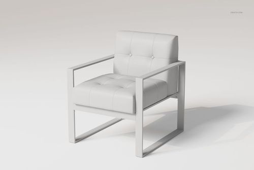 Modern armchair with white tufted upholstery and metal frame, shown from a front angle on a plain background.