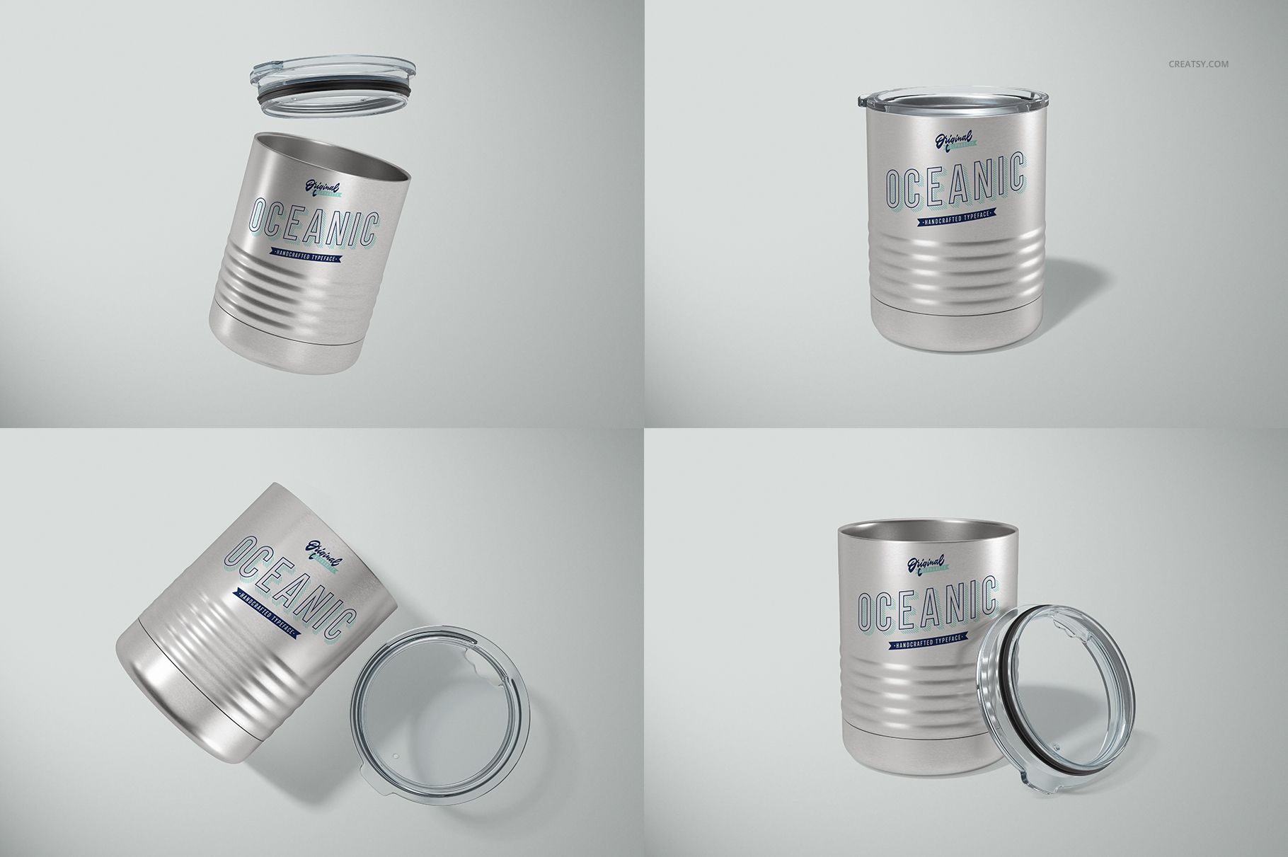 Stainless steel ringneck tumbler mockup shown from multiple angles, featuring clear lid and custom design.
