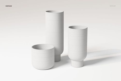 Three stoneware vase 3D models in white wireframe texture, shown from a front angle on a neutral background.