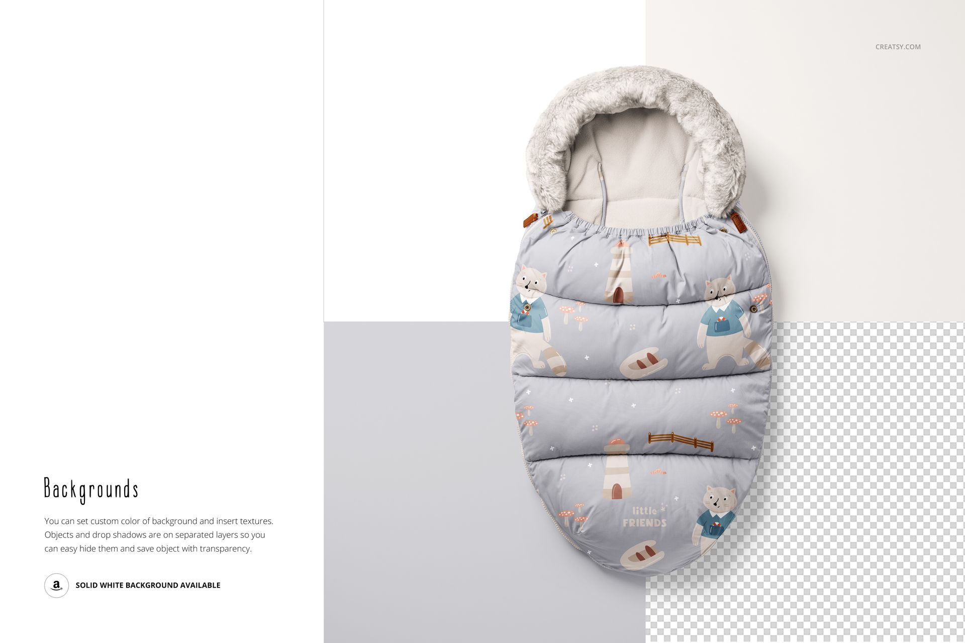 Front view of a kids footmuff with a light gray background, featuring a bear and winter-themed pattern, mockup scene.