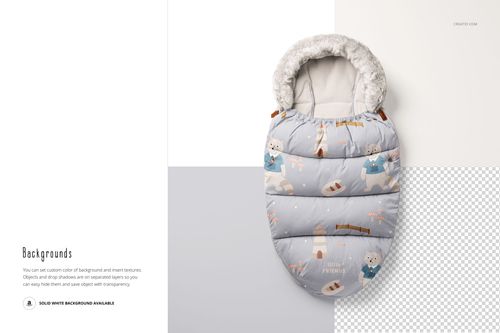 Front view of a kids footmuff with a light gray background, featuring a bear and winter-themed pattern, mockup scene.