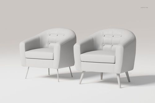 Front view of two button upholstered armchairs in light gray, featuring rounded backs and angled legs on a plain background.