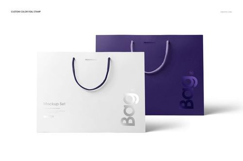 Eurotote bag PSD mockup set featuring a white and a purple bag with foil stamp text, displayed on a plain background.