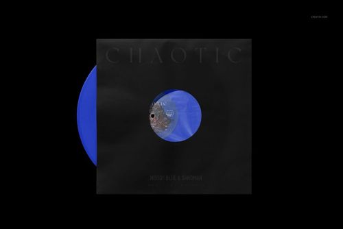Blue vinyl record mockup shown in a matte black cover with faint lettering, displayed against a solid black backdrop.