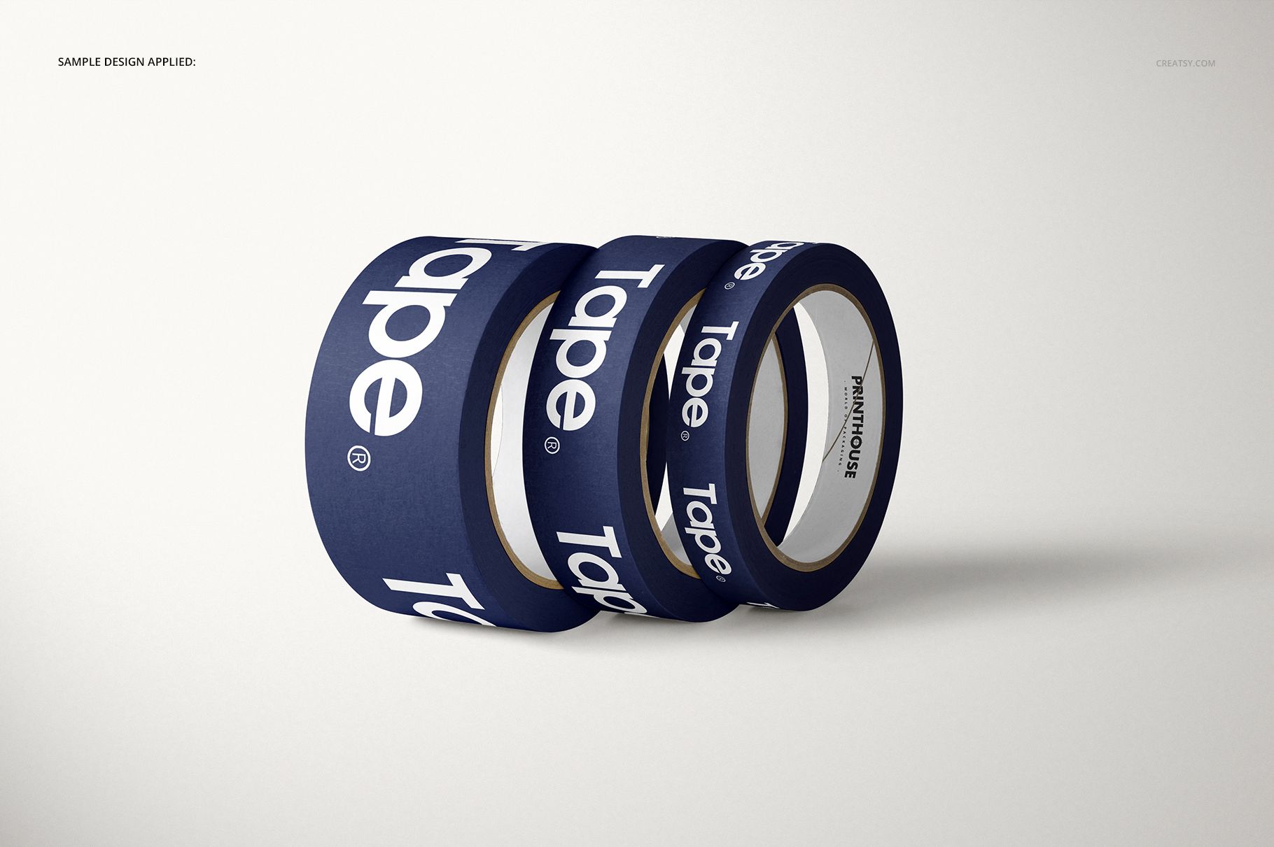 Packing tape mockup with three rolls, each displaying a blue design and white text, set against a neutral background.