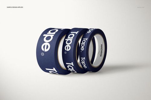 Packing tape mockup with three rolls, each displaying a blue design and white text, set against a neutral background.