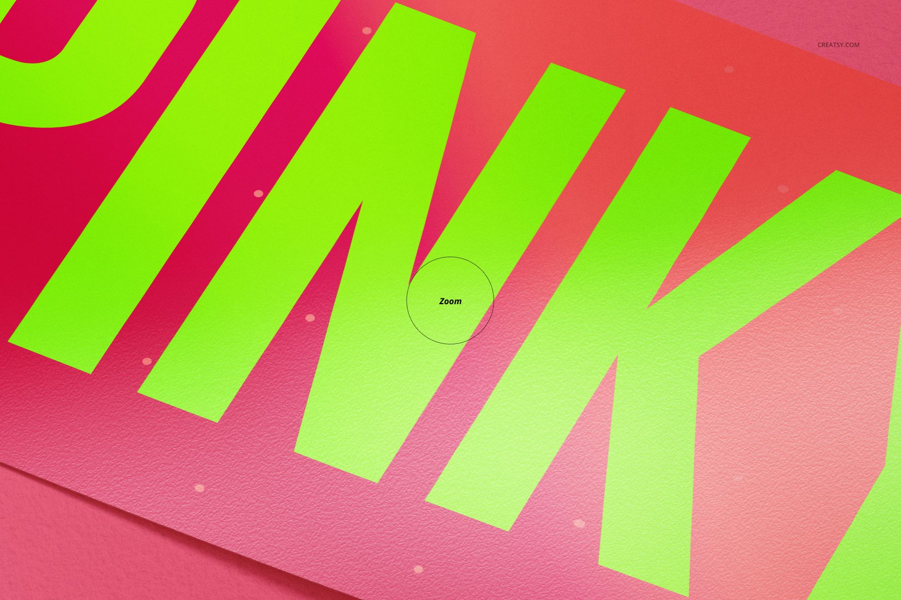 PSD mockup of a stationery sticker with vivid green lettering on a pink gradient background, viewed from above.