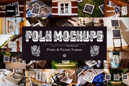 PSD mockup set featuring folk prints clipped to lines, resting on benches, and framed in cozy, vintage-inspired scenes.