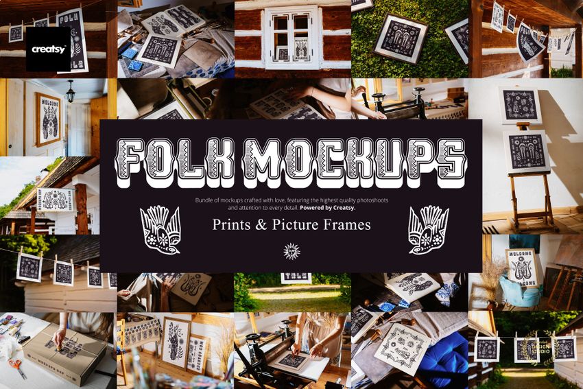 PSD mockup set featuring folk prints clipped to lines, resting on benches, and framed in cozy, vintage-inspired scenes.