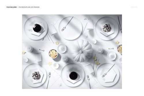 PSD mockup showing a Halloween dining table with monochrome decor, plates, utensils, and seasonal snacks.