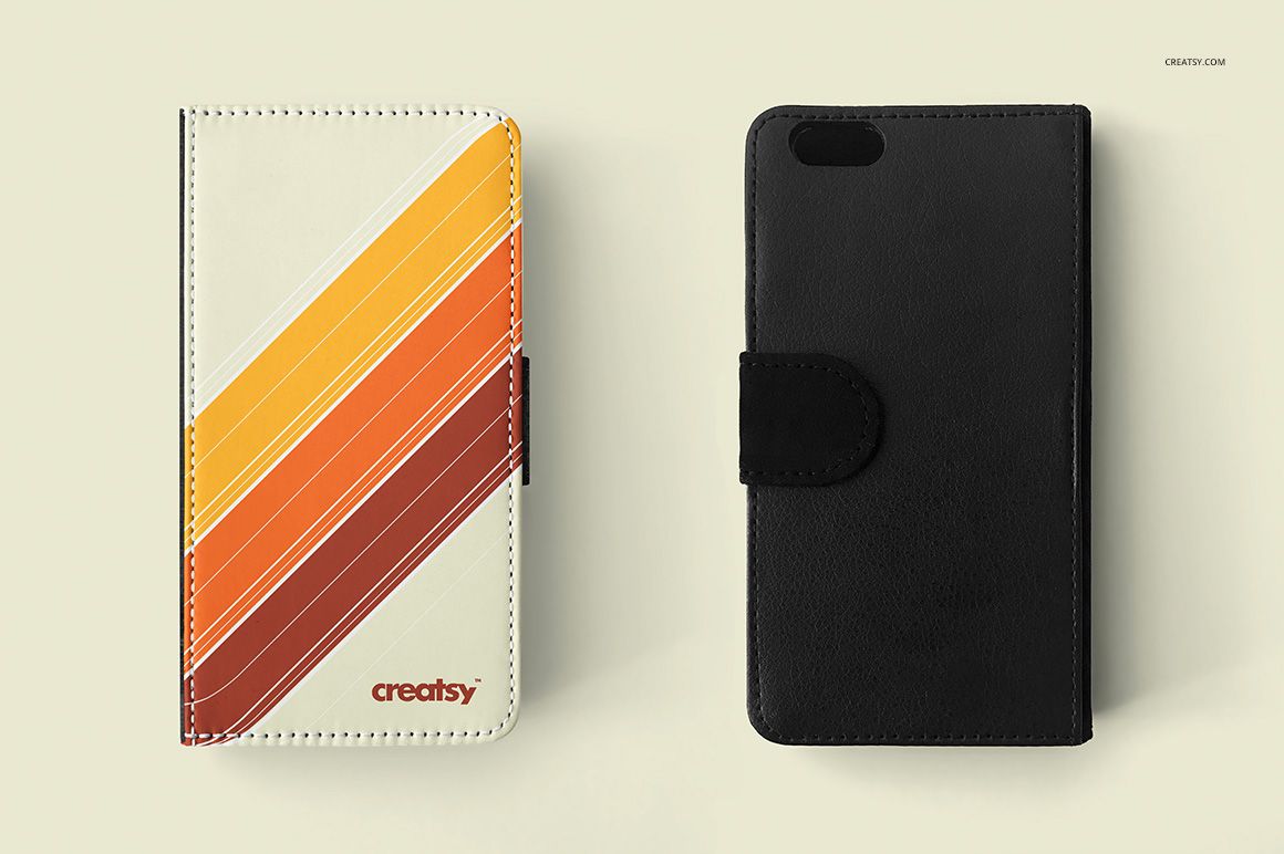 Foldable phone case mockup set showing two cases, one with orange stripes and one in solid black, on a neutral background.