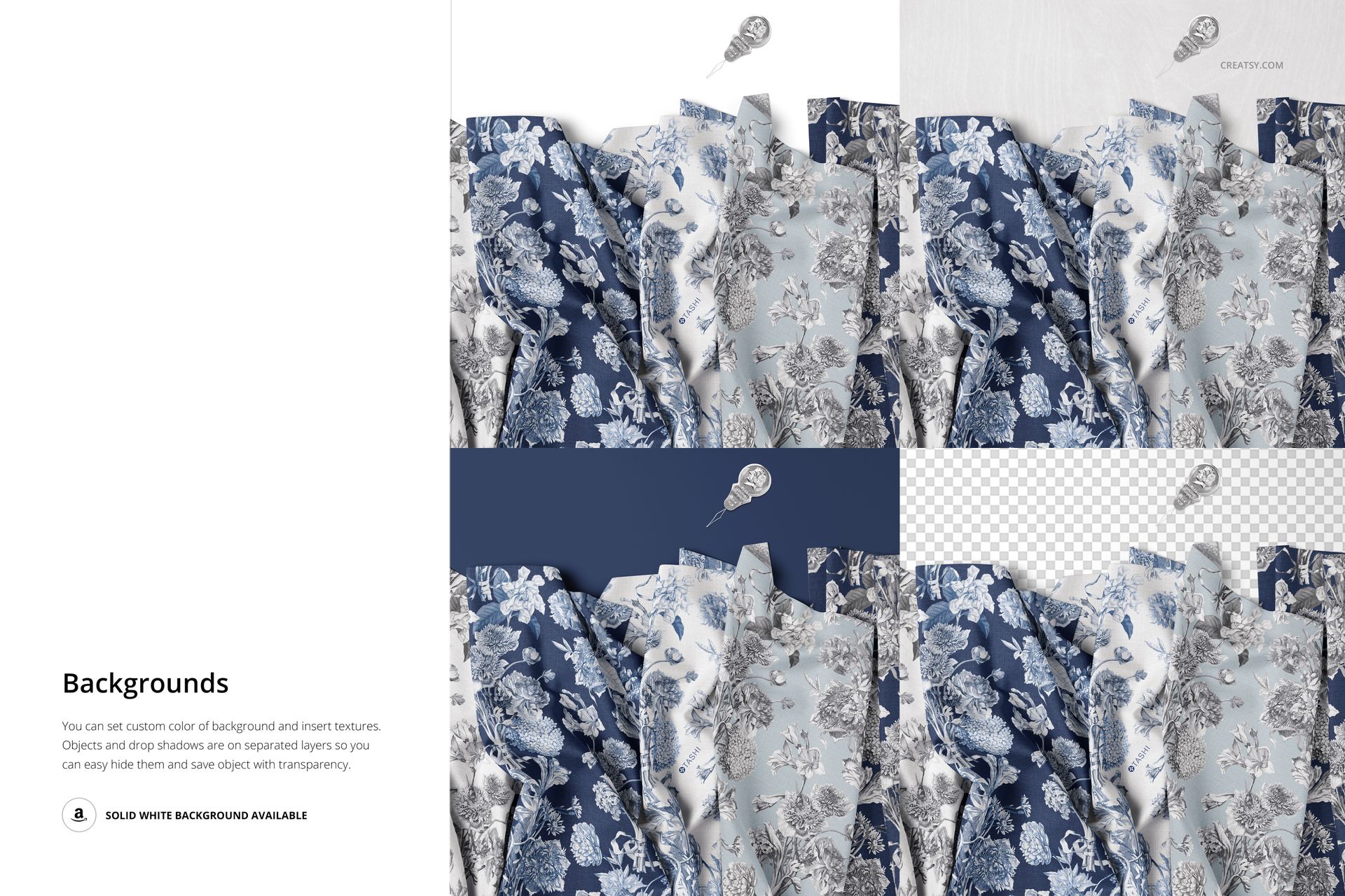 Creased fabrics mockup showing blue and white textiles with floral designs, arranged in four sections on different backgrounds.