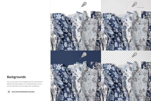 Creased fabrics mockup showing blue and white textiles with floral designs, arranged in four sections on different backgrounds.