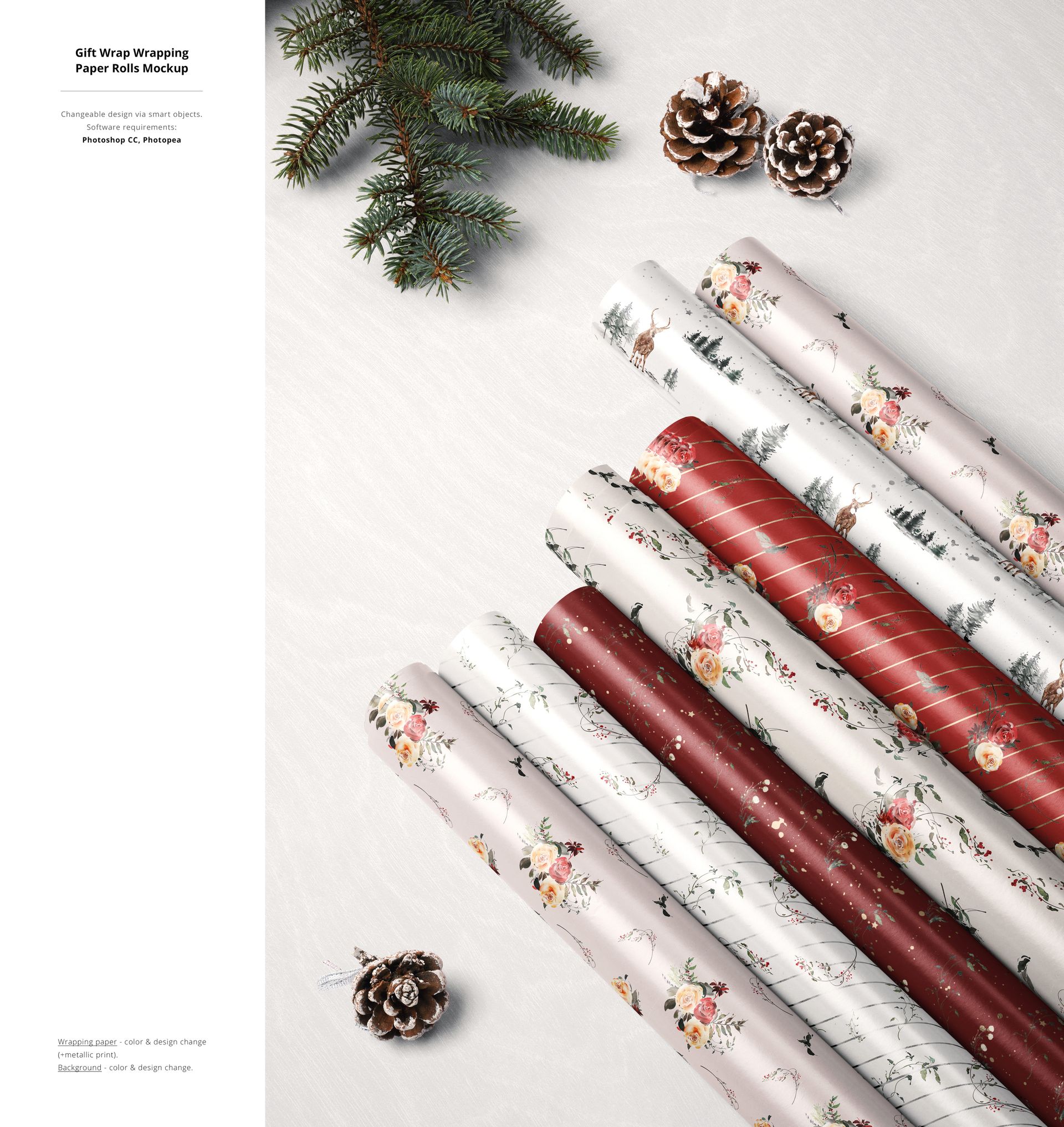 Christmas PSD mockup showing assorted gift wrap rolls in floral and stripe patterns, surrounded by pinecones and fir tree sprigs.