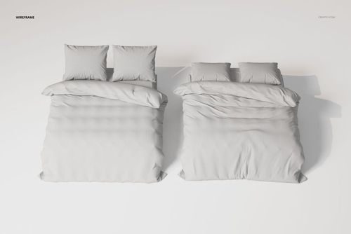 Double bed bedding set in a wireframe style, featuring two beds with pillows and duvets in a top view on a white background.