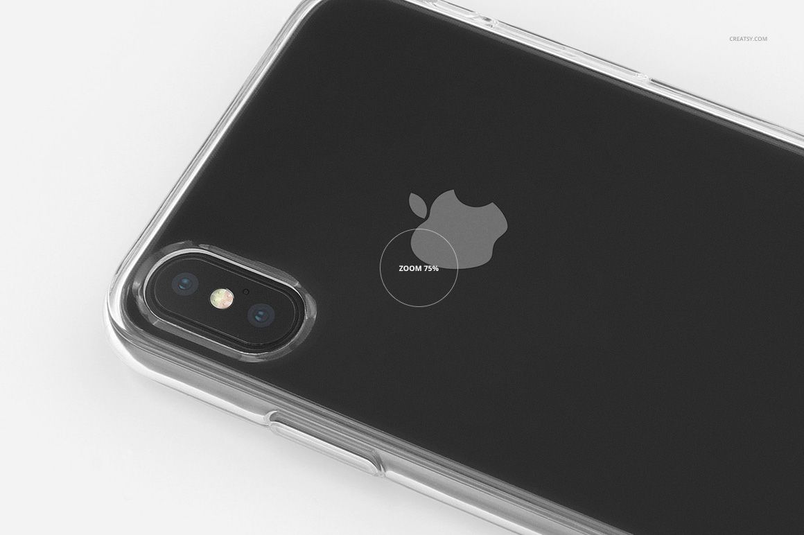 PSD mockup featuring a clear protective case fitted to a black iPhone X, viewed from the back at an angle.