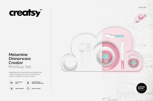 Top view of melamine dinnerware mockup set featuring plates, bowl, cup, spoon, fork, and knife on a white background.