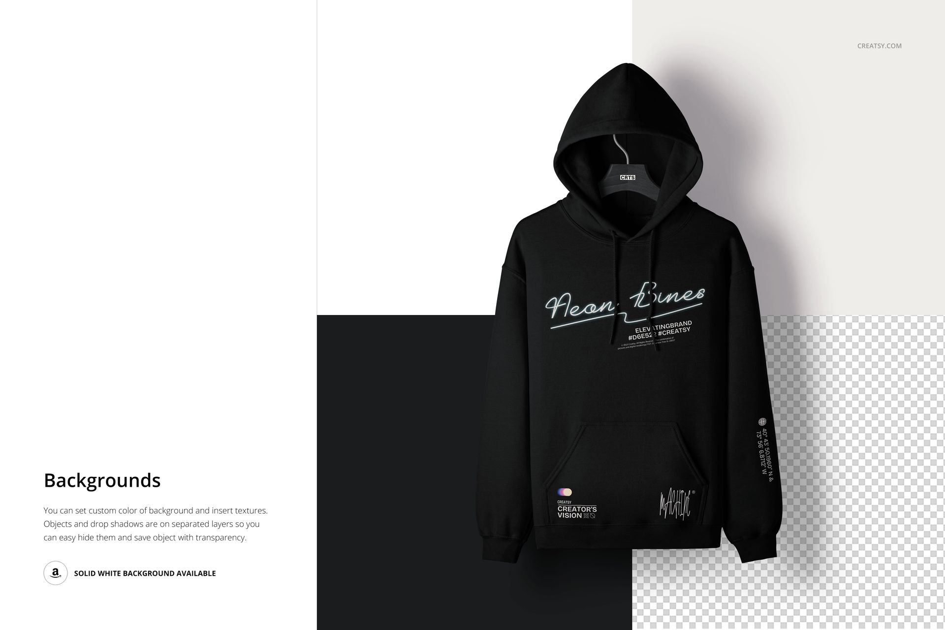 Front view of a black adult hoodie mockup hanging against a split background with white, black, and transparent sections.