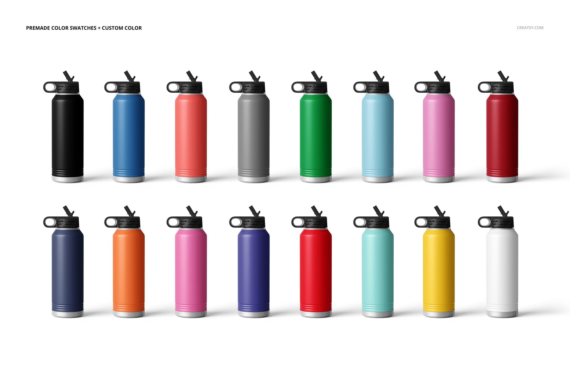 PSD mockup featuring fifteen 40 oz. water bottles with matte finishes, shown in assorted colors against a plain backdrop.