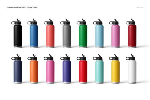 PSD mockup featuring fifteen 40 oz. water bottles with matte finishes, shown in assorted colors against a plain backdrop.